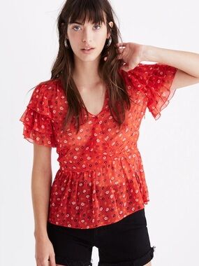 MADEWELL NWOT Metallic Prairie Posies Tiered‎ Sleeve Peplum Top
